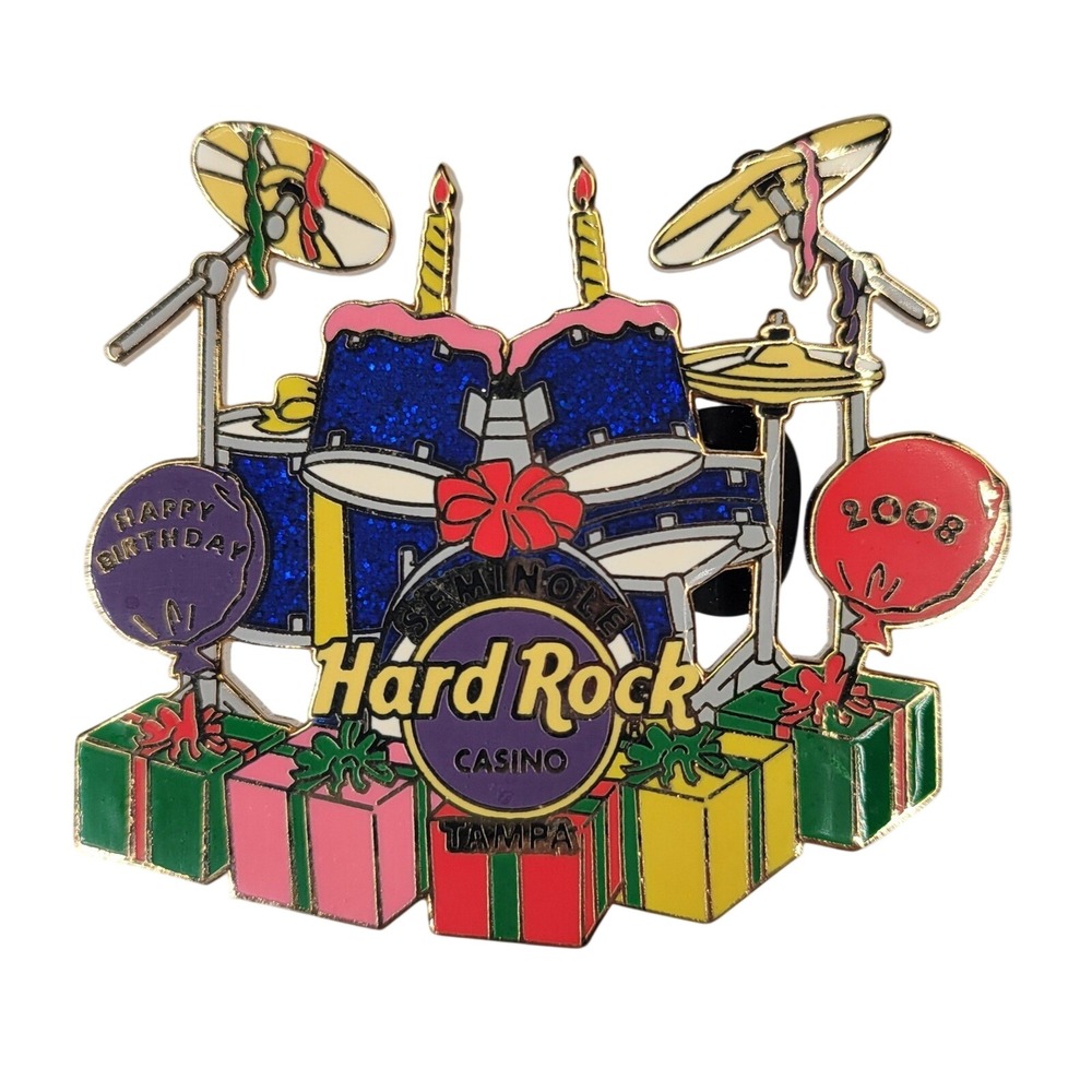 Hard Rock Casino Tampa Happy Birthday‎ 2008 Pin Multi Drum Set Gifts Colorful